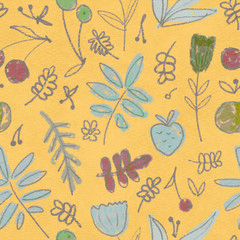 Flowers and berries, seamless background. Naive inflorescences, leaves, berries. Decorative flowers. Wrapping paper, textiles, retro background, color design.