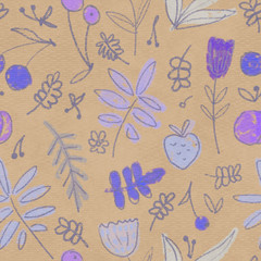 Flowers and berries, seamless background. Naive inflorescences, leaves, berries. Decorative flowers. Wrapping paper, textiles, retro background, color design.