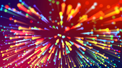 Abstract explosion of multicolored shiny particles or light rays like laser show. 3d render abstract background with colorful glowing particles, depth of field and bokeh effect.