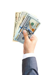 Businessman holding US dollar banknote for paying on white background.US dollar is main and popular currency of exchange in the world.Investment and payment concept.
