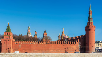 Fototapeta premium Panoramic view of Moscow Kremlin wall with towers at the Red Square in Moscow, Russia.