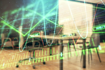 Business theme graph hologram with minimalistic cabinet interior background. Double exposure. Stock market concept.