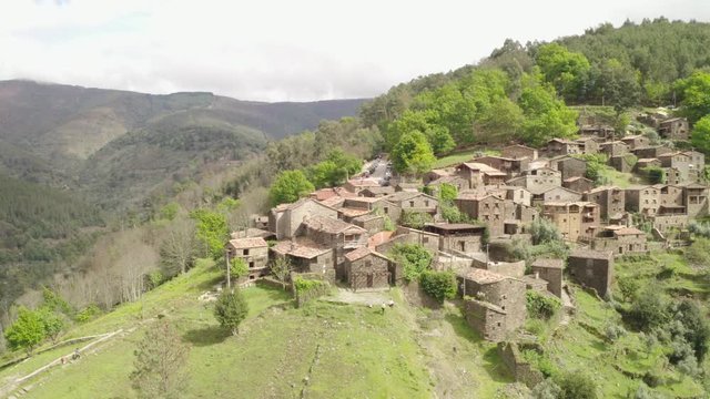Aerial drone view of Talasnal xisto schist shale village in Lousa, Portugal