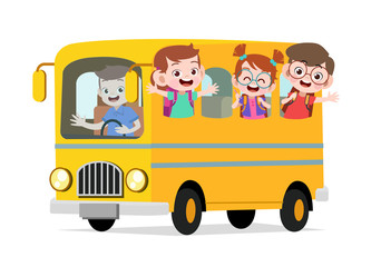 happy cute kids ride bus to school