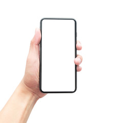 Male hand holding the black smartphone with blank screen isolated on white background with clipping path.