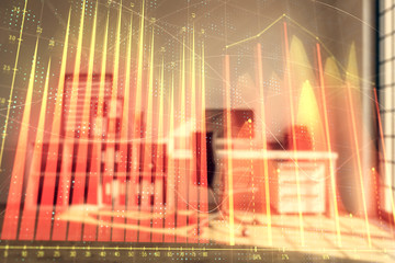 Forex chart hologram with minimalistic cabinet interior background. Double exposure. Stock market concept.