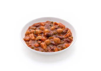 Pasta vegetable grains peas soup in tomato sauce on isolated white background