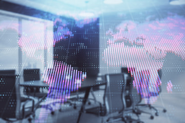 Double exposure of globe hologram on conference room background. Concept of international business