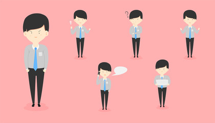 set of the business working man standing for holding paper and get new ideas and have problem question. character design. vector illustration eps10