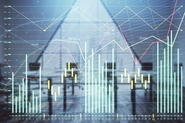 Double exposure of forex chart on conference room background. Concept of stock market analysis