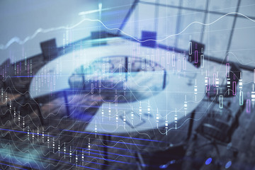 Double exposure of forex chart on conference room background. Concept of stock market analysis