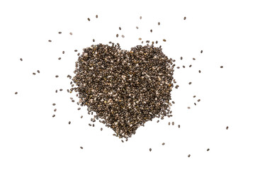Chia seeds in a shape of heart, isolated on a white background