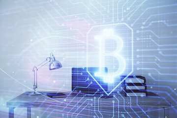 Blockchain theme hologram with desktop office background. Double exposure. Crypto business concept.