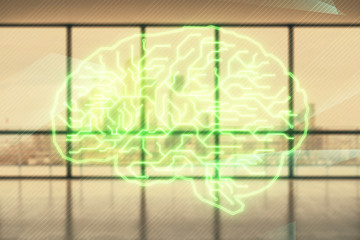 Double exposure of brain drawings hologram on empty room interior background. Data concept.