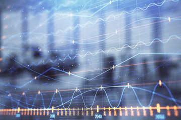 Stock and bond market graph with trading desk bank office interior on background. Multi exposure. Concept of financial analysis