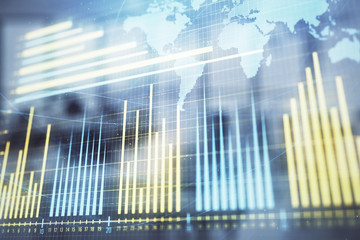 Stock and bond market graph and world map with trading desk bank office interior on background. Multi exposure. Concept of international finance