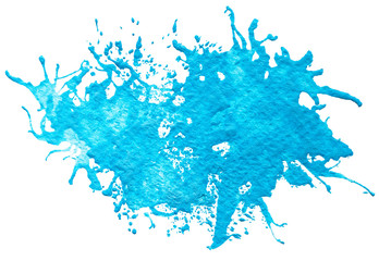 blue watercolor blob isolated on white background. abstract stain with splashes and drops of color.