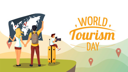 Cute poster for "World Tourism Day". Couple with world map and boy with camera sitting on the suitcase. Vector illustration for banner, poster, postcard, cover.