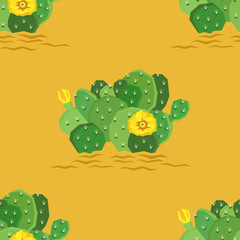The eastern prickly pear cactus with yellow flowers Seamless pattern