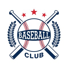 Color illustration baseball club emblem. Baseball ball, bat, laurel wreath and stars with text