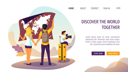 Web page design template for discovery, tourism, travel and happy family. Parents holding a world map and boy with camera sitting on the suitcase. Vector illustration for banner, poster, website.