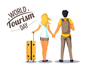 Cute poster for "World Tourism Day". Man with backpack and woman with suitcase on the white background. Vector illustration for banner, poster, postcard, cover.