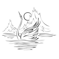 swan gracefully floating on the water against the backdrop of mountain peaks