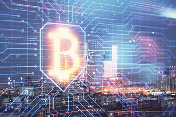 Double exposure of bitcoin sign drawing hologram on cityscape background. Concept of crypto economy