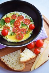 Fried eggs with tomatoes in a frying pan.Tasty and healthy food.