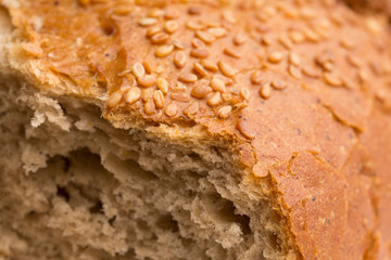 Bun with sesame seeds. Close up . Texture of brown bread with sesame. 