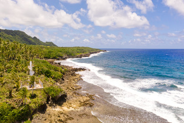 The rocky coast of a tropical island. Siargao, Philippines. Seascape with palm trees in sunny weather, aerial view.