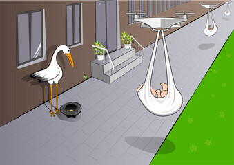 sad stork begs for alms, and quadcopters deliver babies, horizontal vector illustration