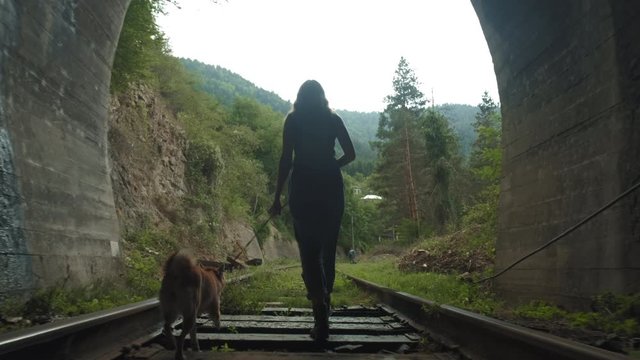 Silhouette of a girl in the tunnel. A girl with a dog goes by rail. Comes out of the tunnel.
