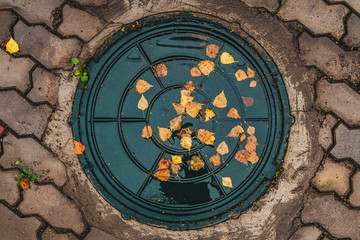 sewer manhole with yellow autumn leaves. manhole cover top view.