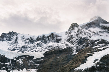Close up of glaciers and snow capped mountain in Valle del Frances / French Valley view on W trek in Torres del Paine, Patagonia, Chile