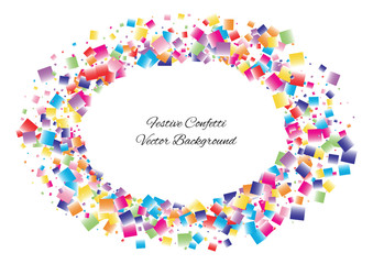 Festive color square confetti background. Abstract frame confetti texture for holiday, postcard, poster, website, carnival, birthday, children's parties. Cover confetti mock-up. Wedding card layout