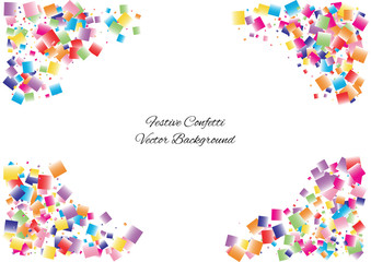 Festive color square confetti background. Abstract frame confetti texture for holiday, postcard, poster, website, carnival, birthday, children's parties. Cover confetti mock-up. Wedding card layout