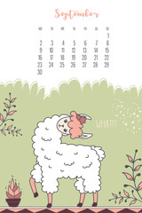 Calendar for September 2020 from Monday to Sunday. Cute llama.