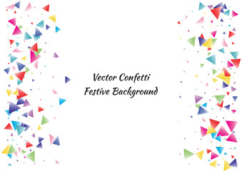 Festive color triangle confetti background. Abstract frame confetti texture for holiday, postcard, poster, website, carnival, birthday, children's parties. Cover confetti mock-up. Wedding card layout