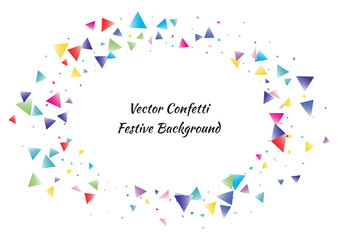 Festive color triangle confetti background. Abstract frame confetti texture for holiday, postcard, poster, website, carnival, birthday, children's parties. Cover confetti mock-up. Wedding card layout