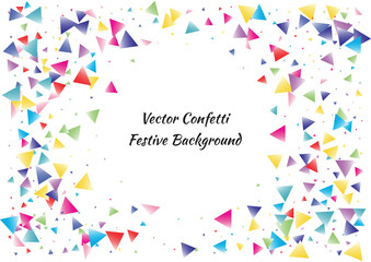 Festive color triangle confetti background. Abstract frame confetti texture for holiday, postcard, poster, website, carnival, birthday, children's parties. Cover confetti mock-up. Wedding card layout