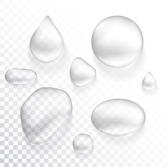 Drops of water on a transparent background. Set of transparent drops of different shapes in gray colors. Vector illustration