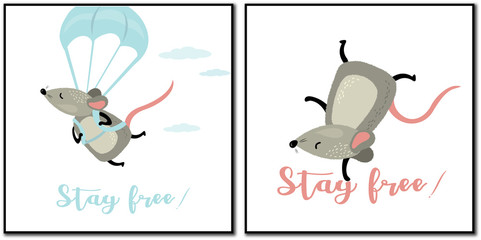 Funny active rats. Stay free concept posters. Cute cartoon animals.