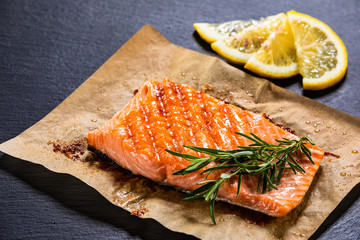 Roast salmon on stone plate