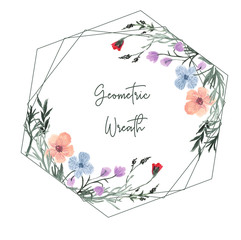 geometric floral wreath with watercolor