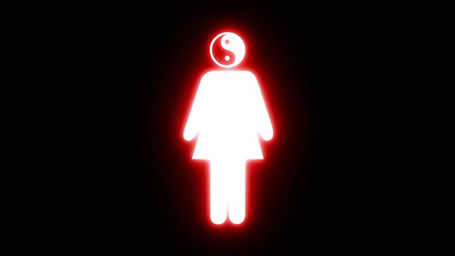 White icon of a woman with Yin Yang symbol head on black background with pulsing red glow in seamless loop