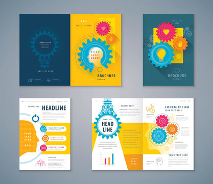 Cover Book Design Set, Human head with Light Bulb Background vector Template Brochures, Cogwheel Gears in progress