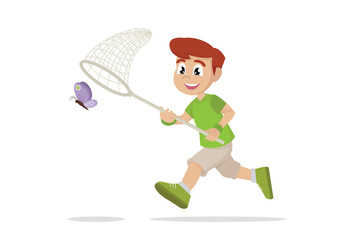 Boy is running with butterfly.