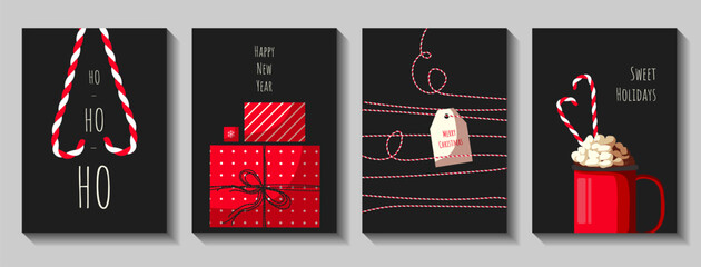 Set of card for Merry Christmas and Happy New year. Black, red and white colors. Vector illustrations can be used for postcard, poster, banner, card, cover.