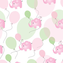 seamless pattern with pink elephants with pink and green balloons